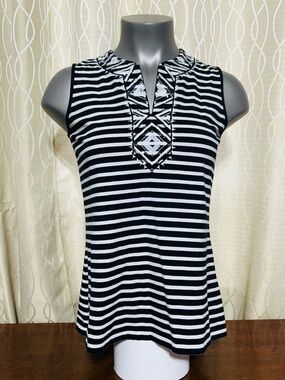 NWOT CYC Black & White Striped Sleeveless Tank with Embroidered Notch Neck